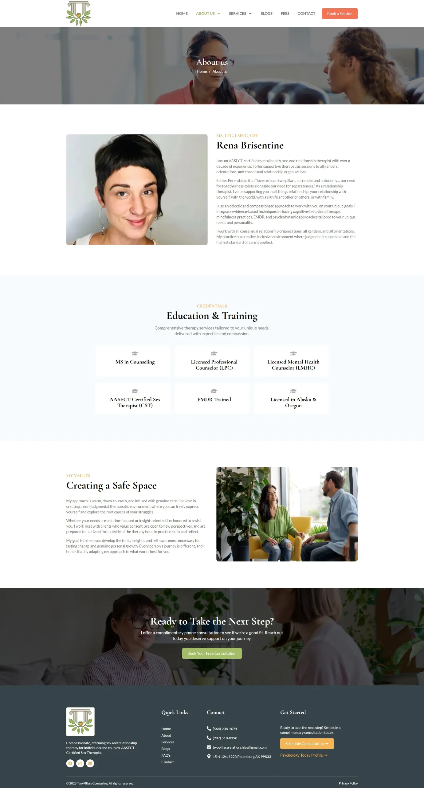 Counseling practice about page designed to build trust