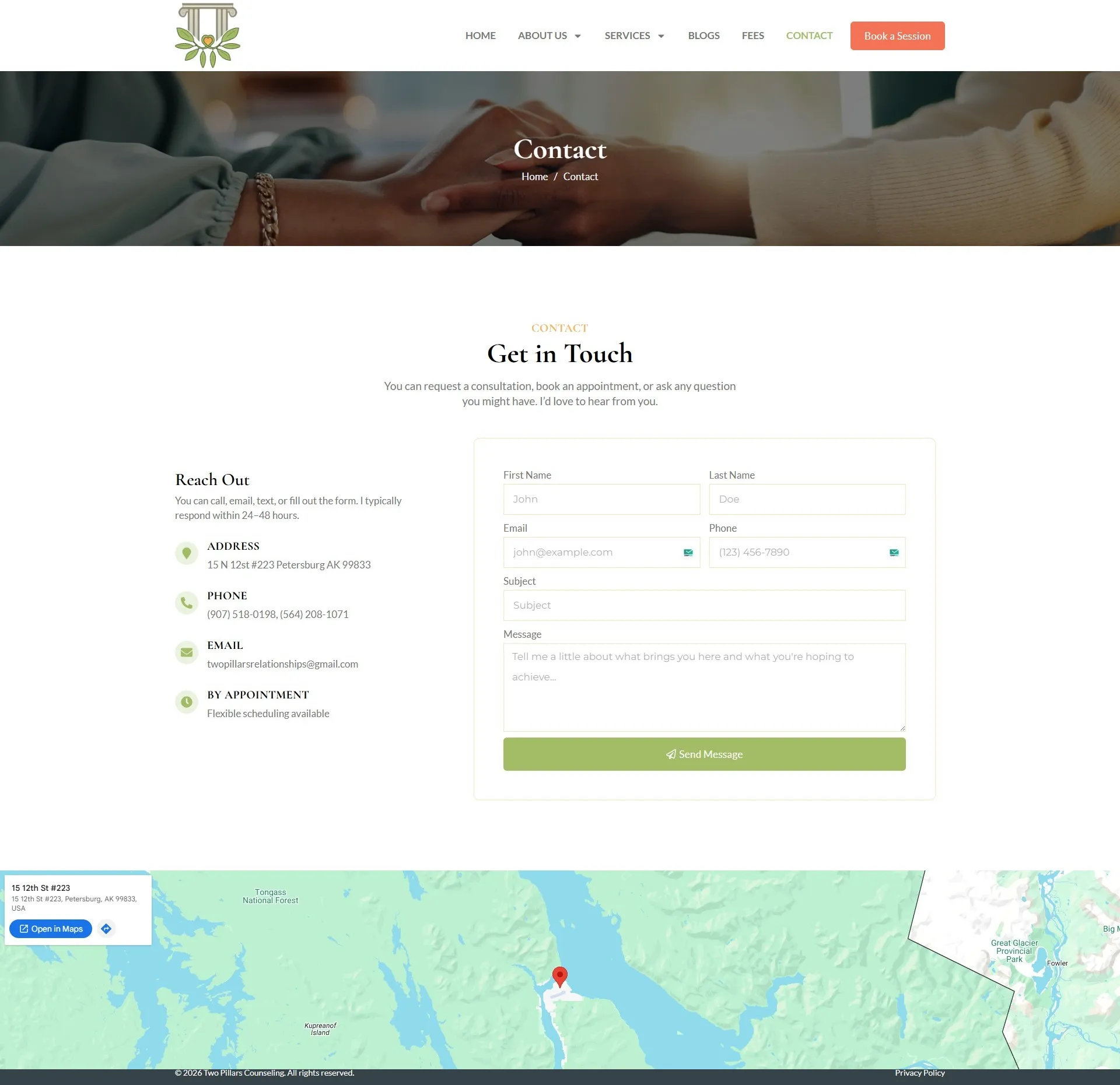 Counseling website contact page with clear call to action