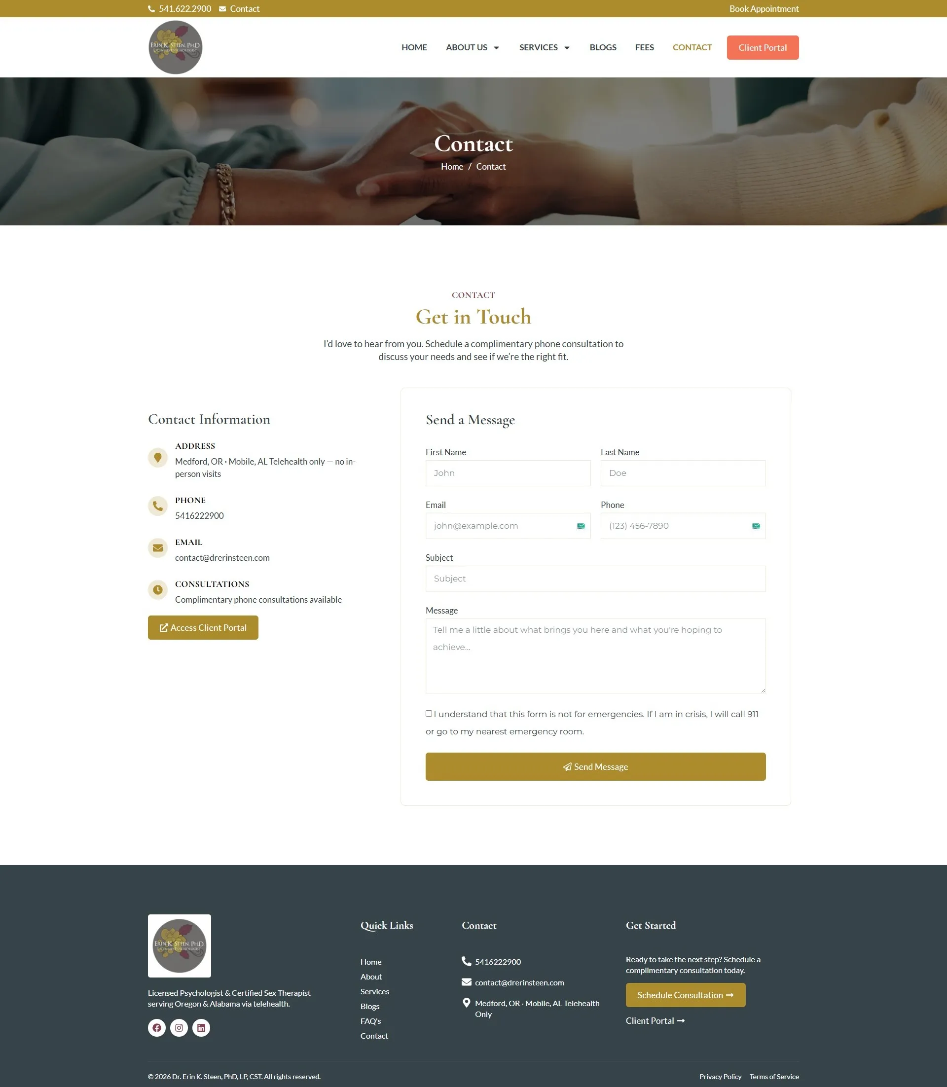 Therapist website contact page with clear conversion path