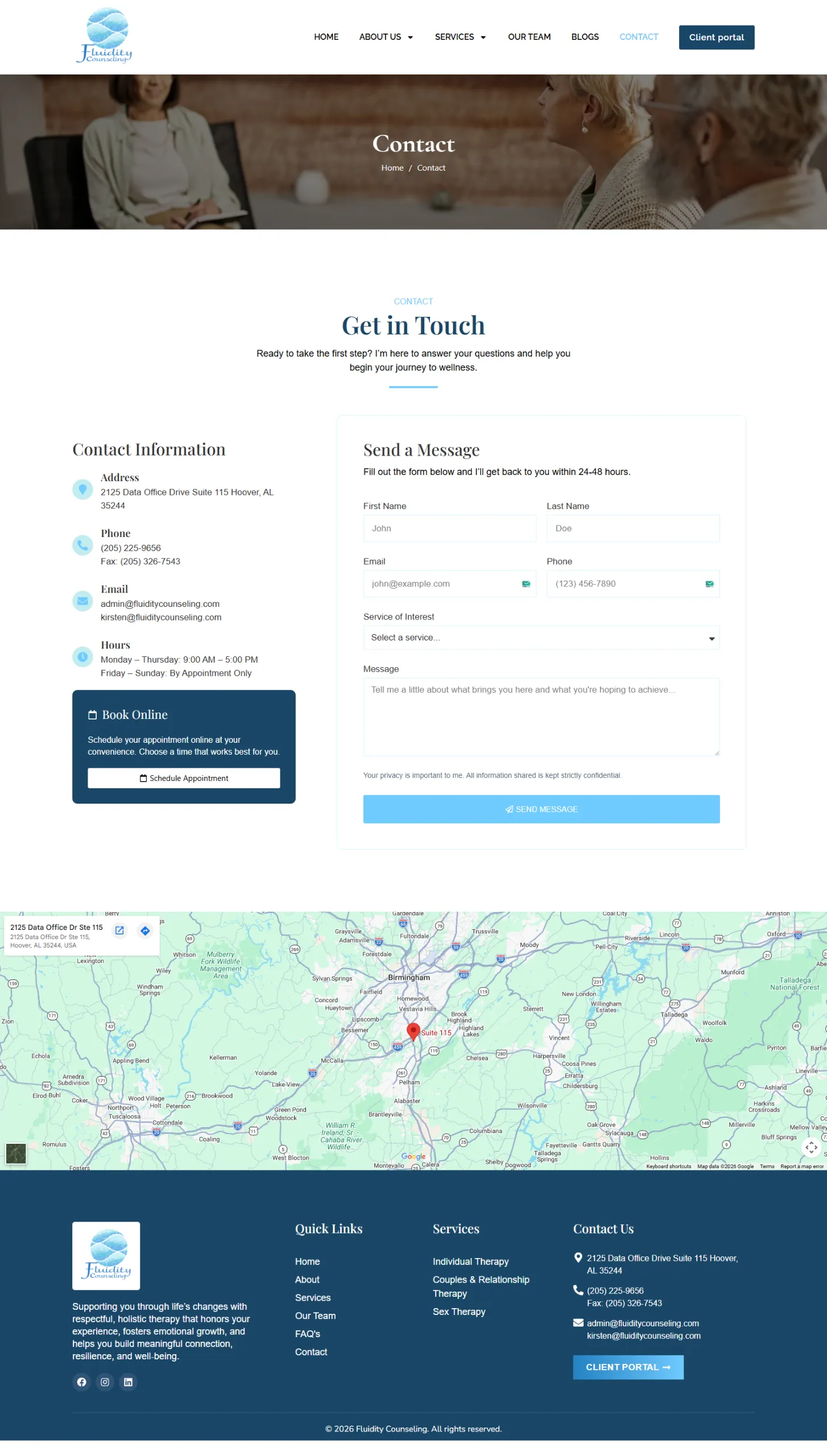 Fluidity Counseling contact page design