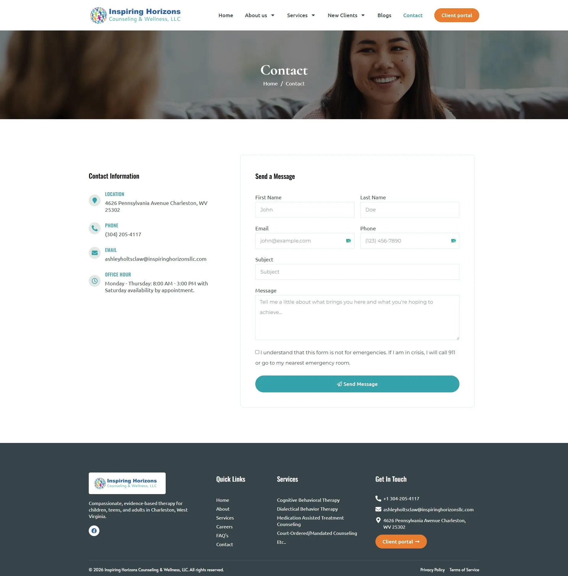 Inspiring Horizons Counseling Contact Page Design