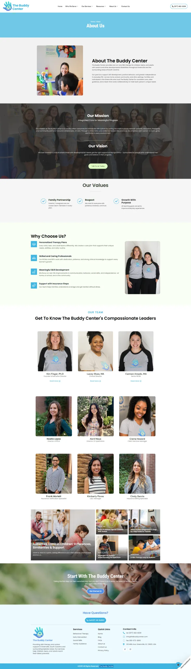 The Buddy Center About page showing organization values and leadership team
