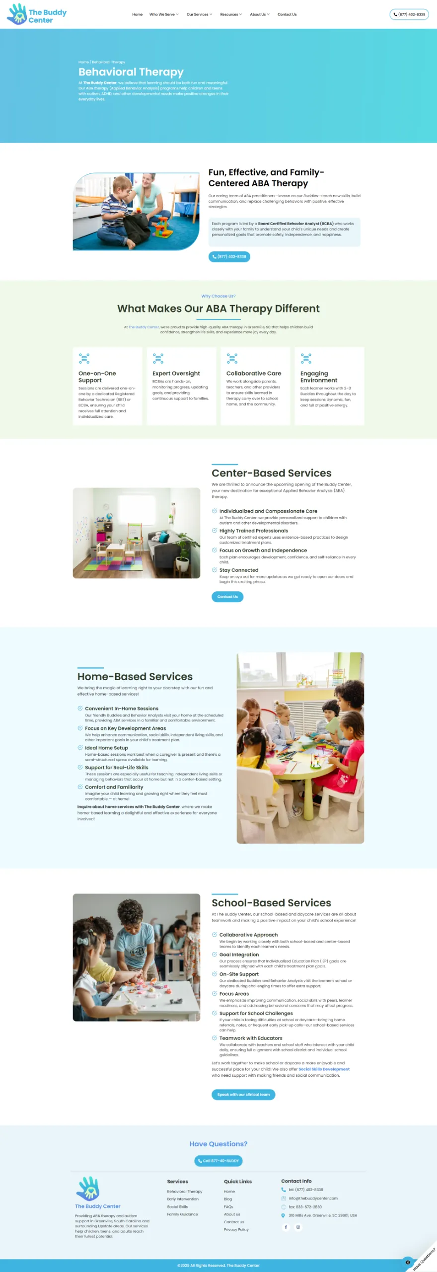The Buddy Center behavioral therapy page with home, center and school based ABA services