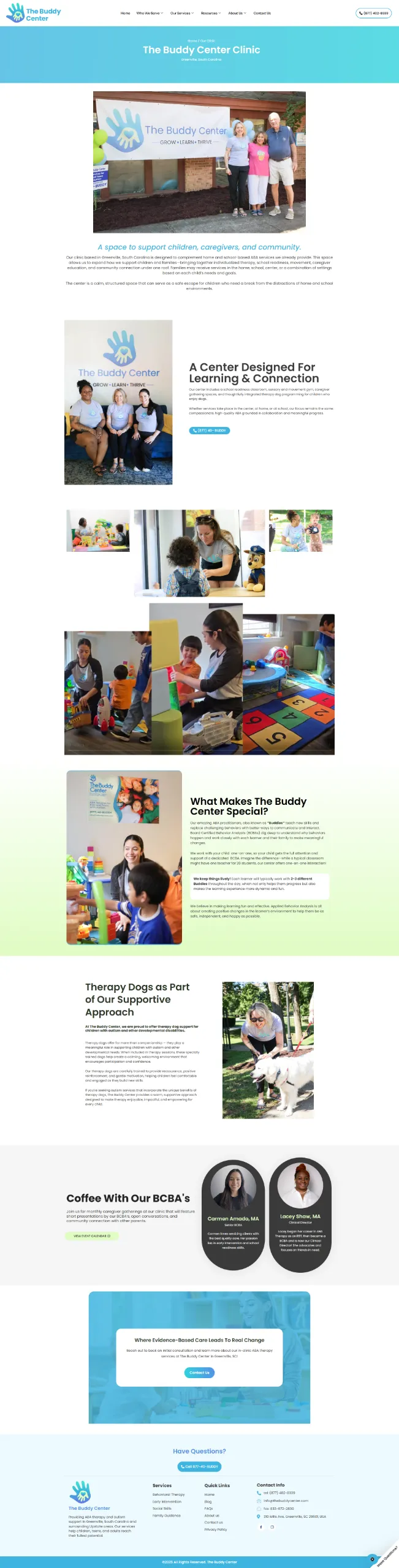 The Buddy Center clinic page showing the therapy center, team and supportive environment