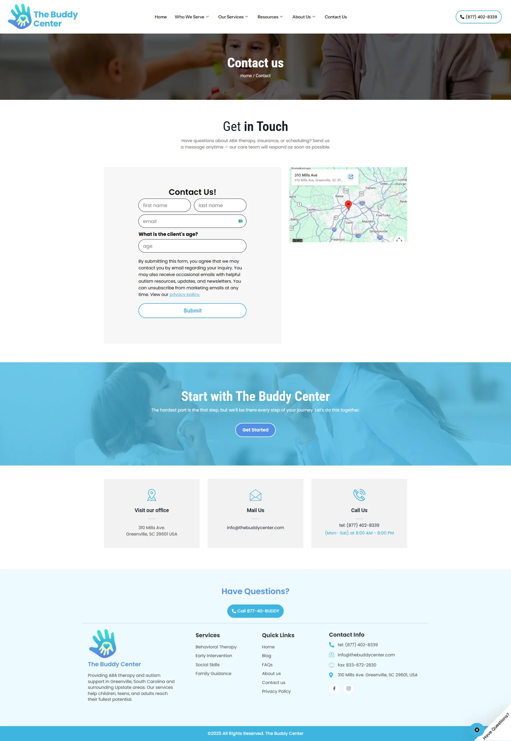 The Buddy Center contact page with inquiry form, location map and contact information