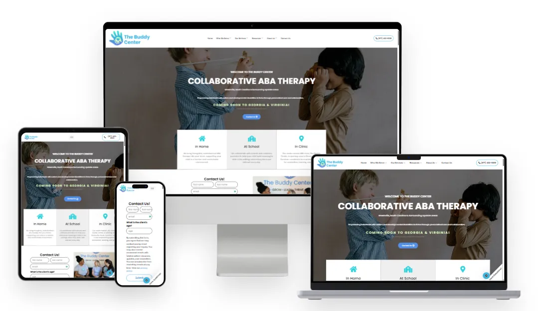 The Buddy Center ABA therapy website displayed across desktop, laptop, tablet and mobile devices