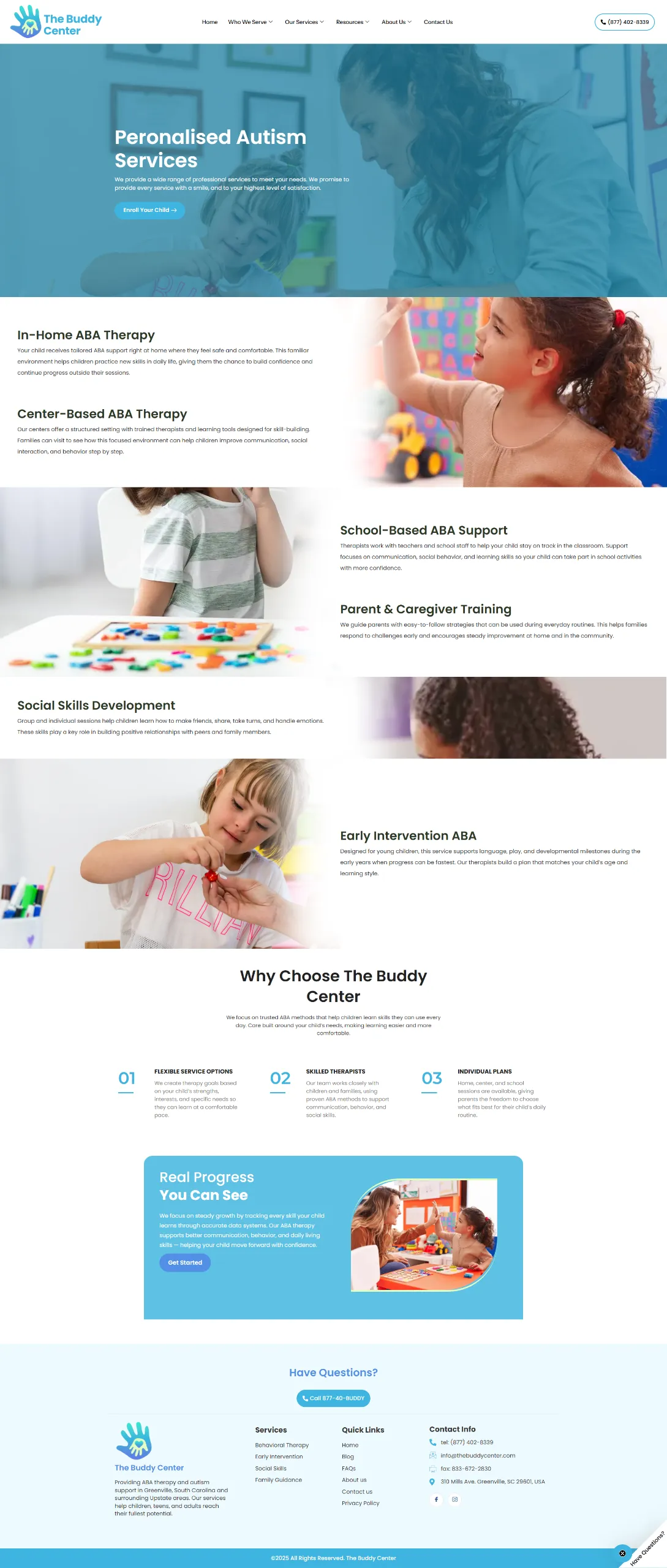 The Buddy Center personalized autism and ABA therapy services page design
