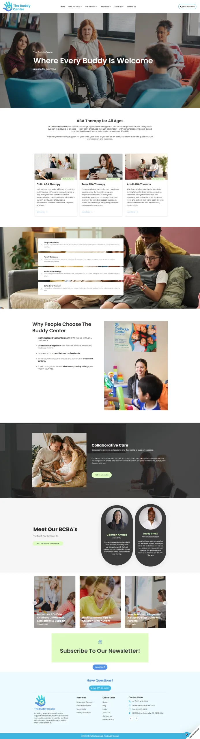 The Buddy Center Who We Serve page for children and families seeking ABA therapy