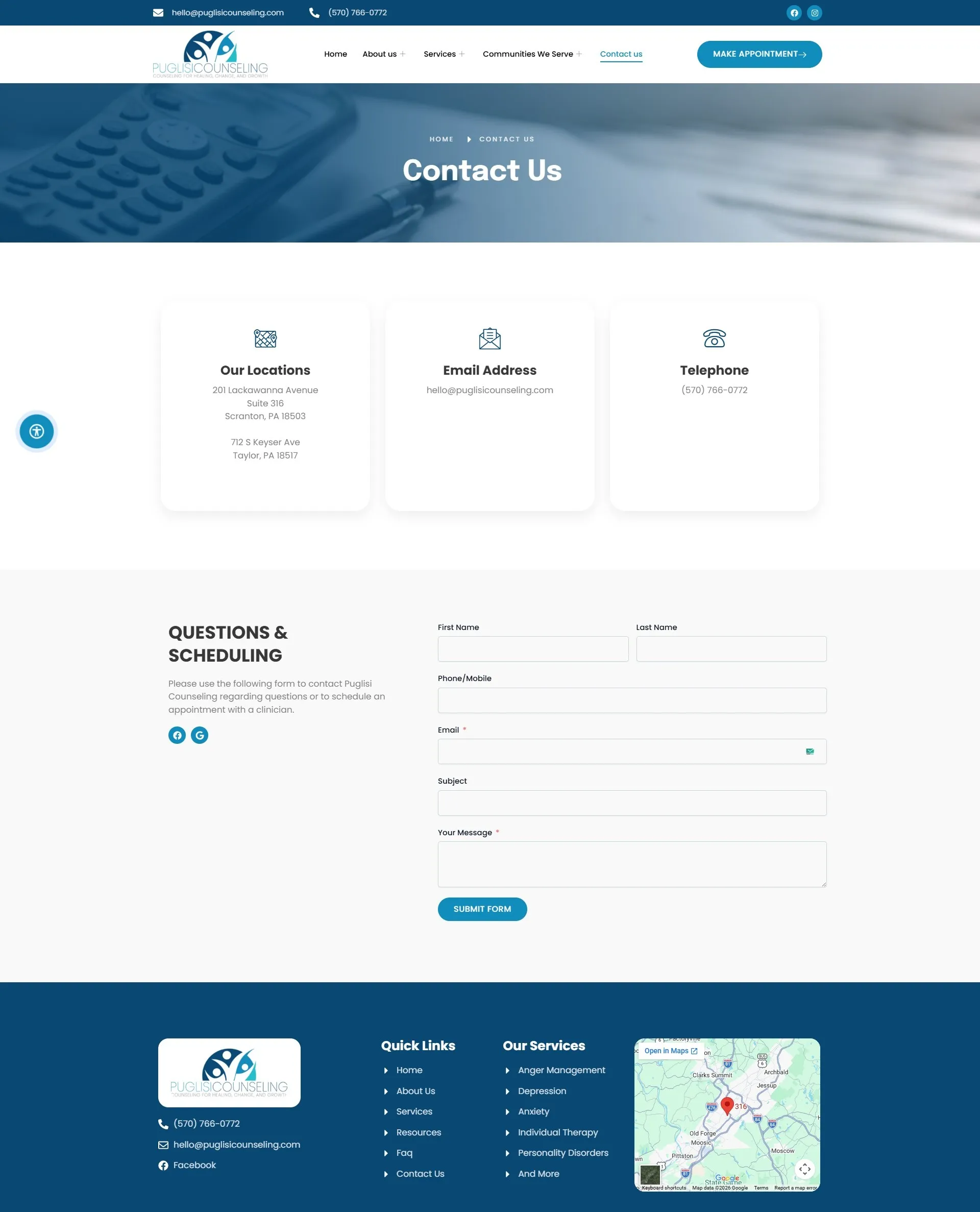 Puglisi Counseling contact page website redesign