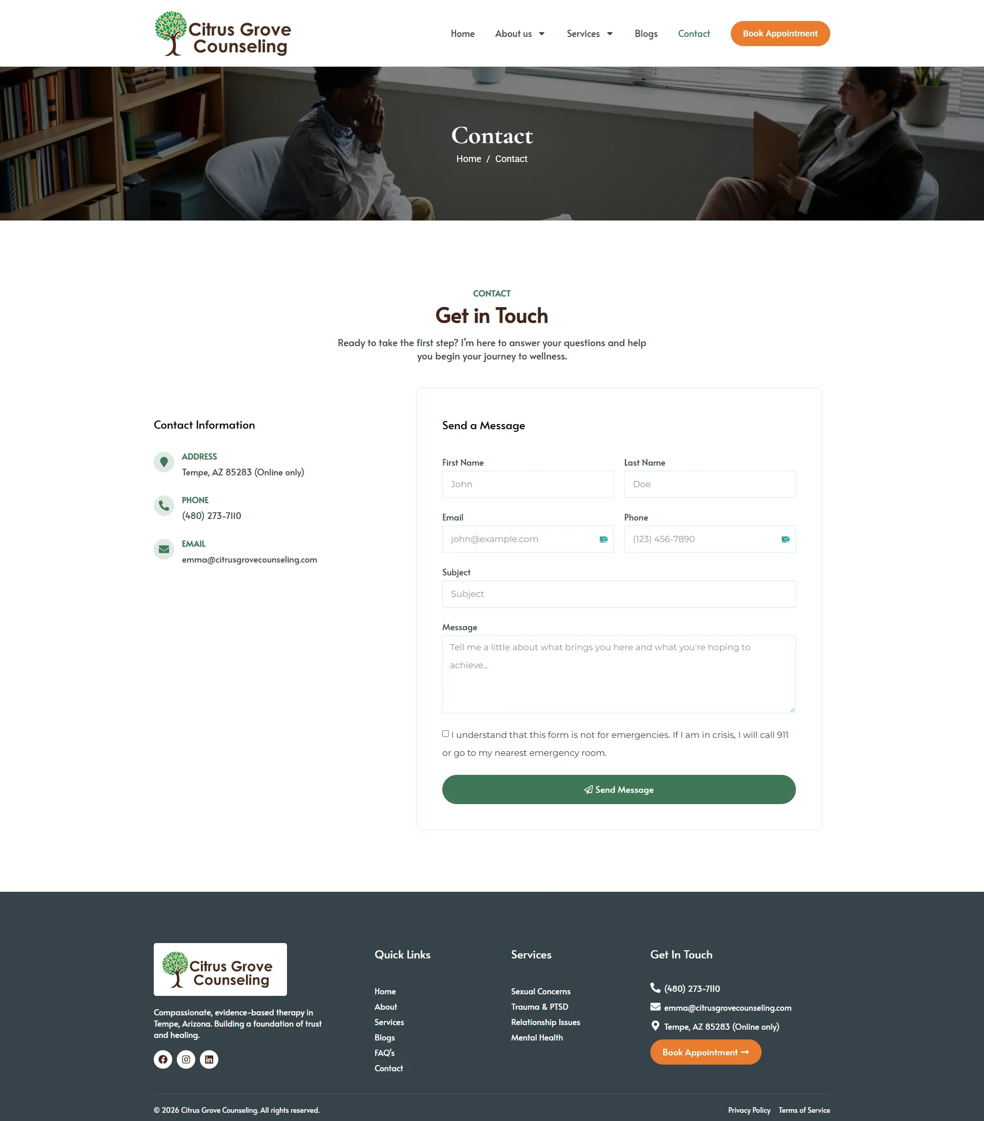 Citrus Grove Counseling contact page design