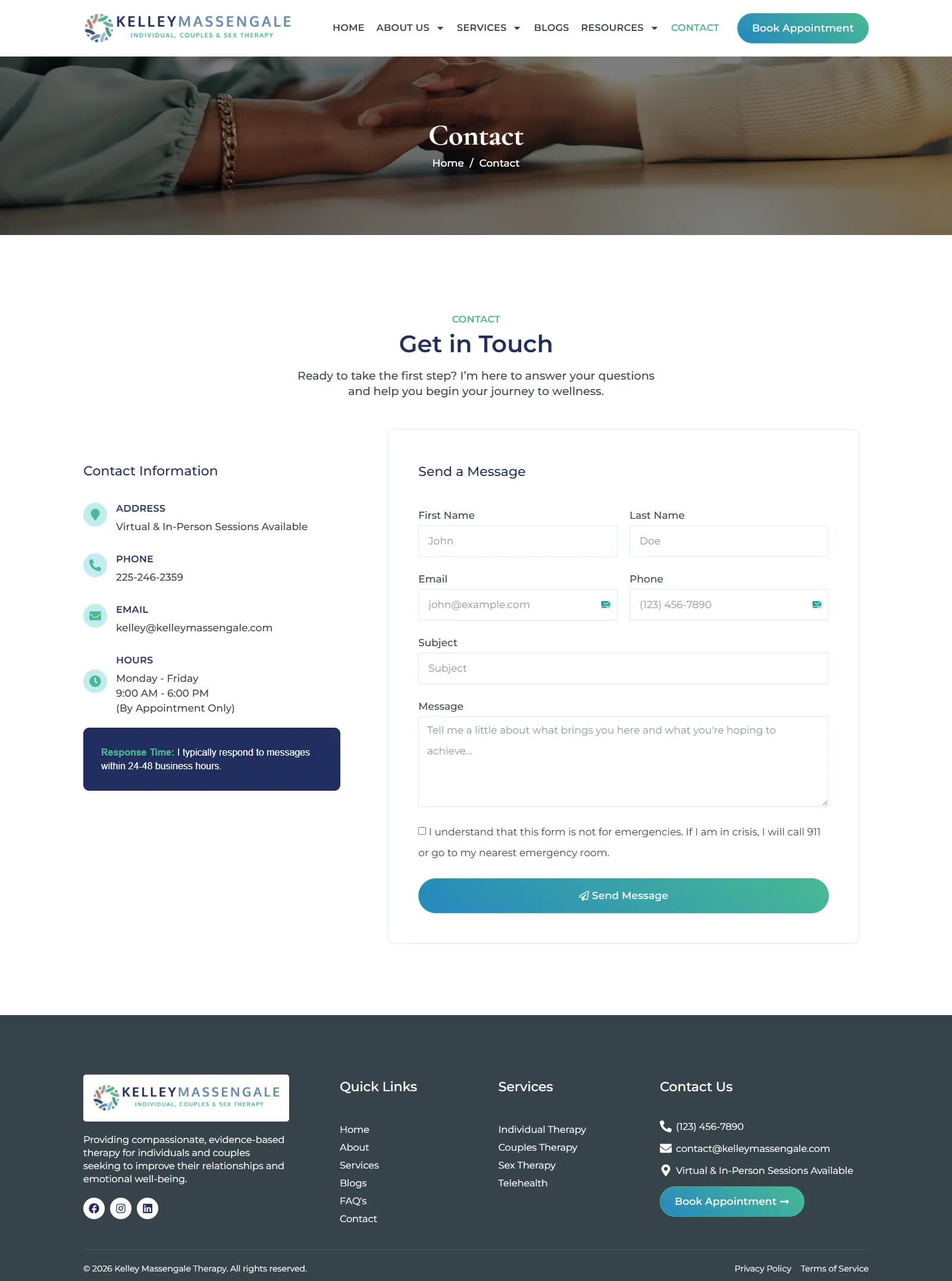 Kelley Massengale Therapy Contact Page Design