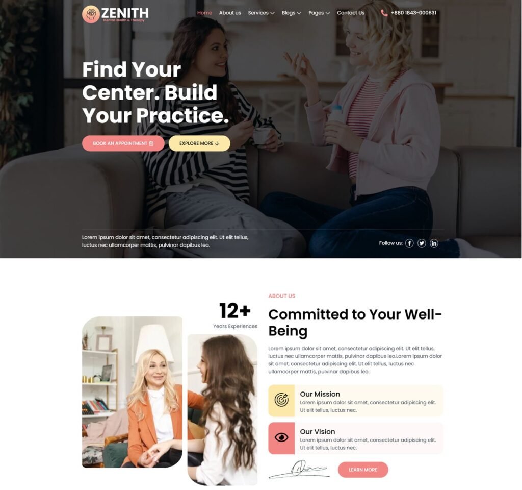 Zenith Mental Health & Therapy website designed by MZHDIPU